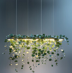 Poster - Composition of eucalyptus branches hanging from the ceiling on a horizontal linear LED light structure base.