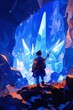 © Whiteney - A lone warrior stands before a magnificent crystal cavern, a breathtaking scene of vibrant blues and oranges.