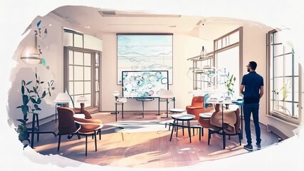 Aufkleber - Bright modern living room features large windows and stylish furniture. A man stands in the room, gazing outside, lost in thought during the day