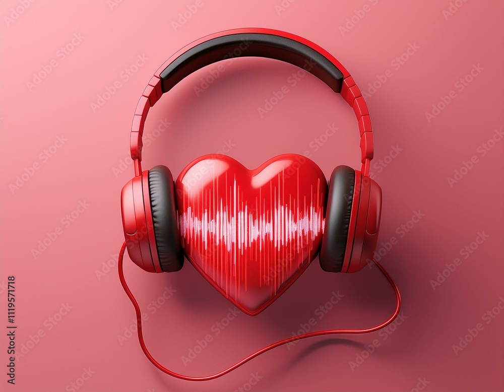 Red Headset Heart Rythm Design Red headphone with sound wave cable heart on pink background. Valentine ...