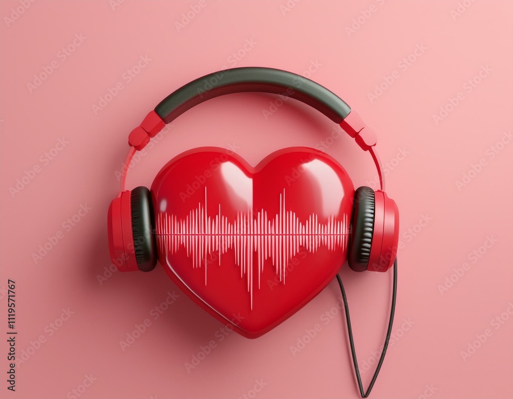 Red Headset Heart Rythm Design Red headphone with sound wave cable heart on pink background. Valentine ...