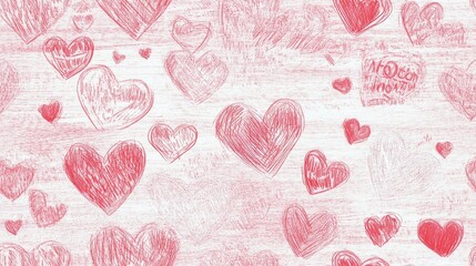 horizontal heart border pattern, hand-drawn chalk texture, pink red romantic doodles, varied heart s