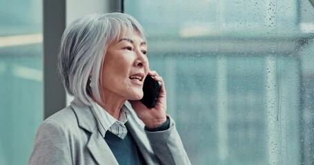Aufkleber - Mature business woman, phone call and window for contact, negotiation or decision for deal at company. Japanese person, smartphone and talk for mobile networking, listen or advice at insurance agency