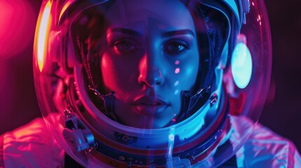 Poster - Closeup studio shot of woman astronaut in space helmet under colorful illumination