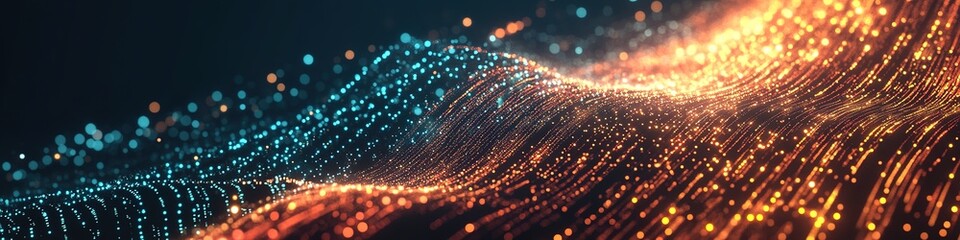 Wall Mural - glowing particles in wavy motion on dark backdrop