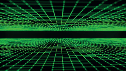 Poster - Abstract wireframe landscape. Vector perspective grid on dark background. Detailed lines on black background. Checkered background. Detailed grid lines in infinity