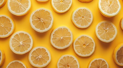 Poster - Refreshing lemon slices. yellow background. creating a lively and refreshing visual effect. Translucent lemons cut into round. top view.
