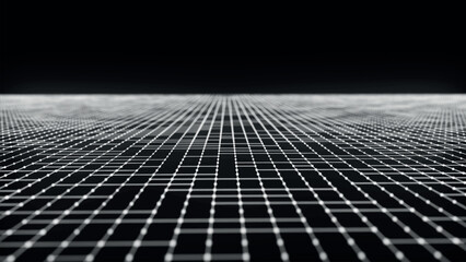 Poster - Abstract wireframe landscape. Vector perspective grid on dark background. Detailed lines on black background. Perspective tile floor. Detailed grid lines in infinity