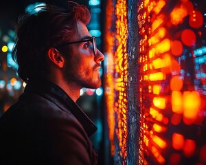 Poster - Pensive Wholesale Buyer Analyzing Holographic Market Trends and Profit Projections in Neon Lit City