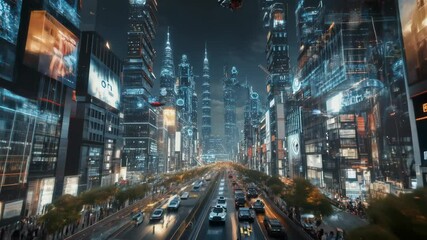 Poster - cars are driving down a busy street in a futuristic city at night. holographic advertisements are di