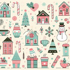 Sticker - seamless pattern with christmas houses