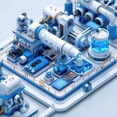 Fototapete - Intelligent factory, Quality Inspection, industrialization scene, blue and white, technology, isometric, centered composition, white background.