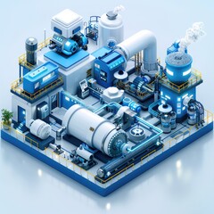 Fototapete - Intelligent factory, Quality Inspection, industrialization scene, blue and white, technology, isometric, centered composition, white background.