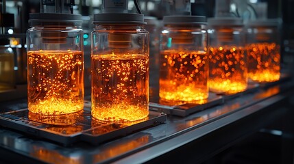 Poster - Futuristic Lab Where Scientists Engineer Glowing Synthetic Cells in Petri Dishes Symbolizing Cutting Edge Synthetic Biology