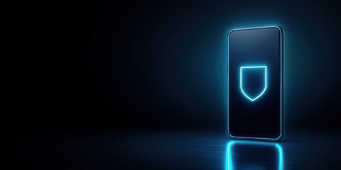 Poster - A glowing smartphone display features a shield icon, symbolizing digital security and protection in a dark, modern setting.