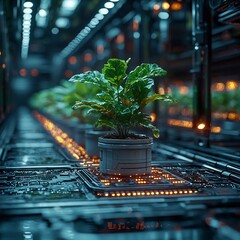 Poster - Futuristic Bio Engineered Farm with Glowing Leaves in Precise Rows for Optimized Yield and Climate Resilience