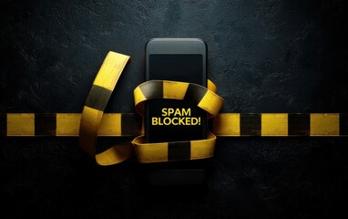Poster - Spam call concept. A smartphone is wrapped with a yellow and black striped tape that reads 