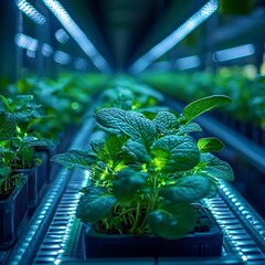 Poster - Futuristic Bio Engineered Farm with Glowing Leaves Optimized for Climate Resilience and Higher Yields
