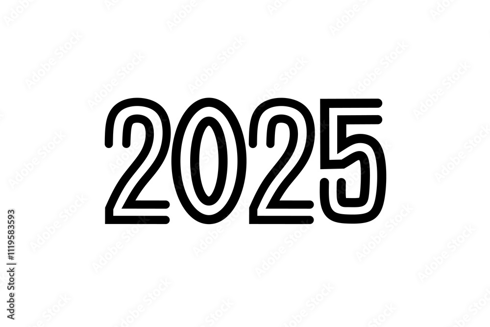 Vector illustration of the year 2025 with thick black lines on a clean ...