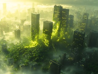 Poster - Futuristic Megacity Powered by Glowing Algae Biofuels Symbolizing Sustainable Energy of Tomorrow