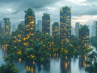 Poster - Futuristic Algae Powered City Skyline with Glowing Skyscrapers and Waterfront