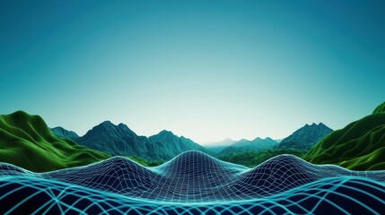 Poster - Voice Sound Projection Concept, Dynamic Sound Visualization Over a Digital Landscape with Waves and Mountainous Terrain