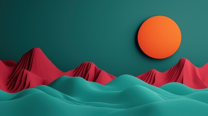 Poster - Voice Sound Projection Concept, Dynamic Sound Visualization Over a Vibrant Digital Landscape with Abstract Mountains and Sun