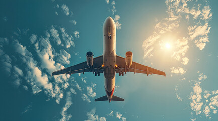 Poster - An airplane flying high through a bright, clear sky, low angle view.