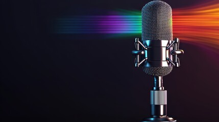 Poster - Voice Sound Projection Concept, Colorful High-Tech Microphone Projecting Sound Waves with Vibrant Light Effects on Dark Background