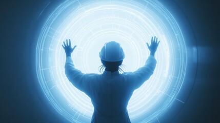 Poster - Hardhat engineer interacts with a glowing digital interface, representing innovation in building design.