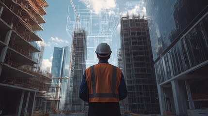Poster - Hardhat engineer reviews building schematics through a virtual reality overlay on a bustling construction site.