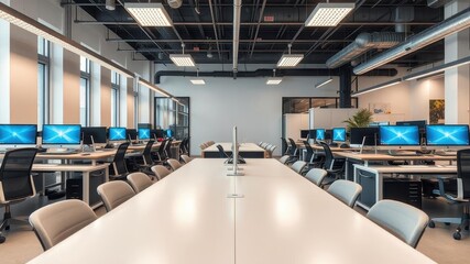 Wall Mural - contemporary coworking interior with blank banner for text overlay, space, computer, trendy