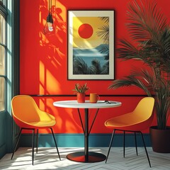 Modern interior design with a red wall, a large window, a round table with two chairs, and a framed print of a sunset over a body of water.