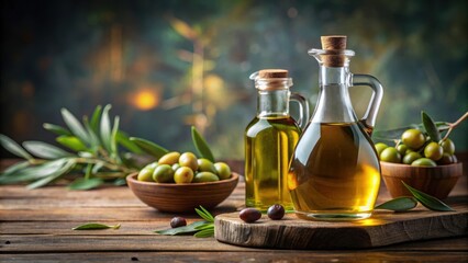 Wall Mural - A close-up photograph of a bottle of olive oil and vinegar , condiments, cooking, ingredients, gourmet, healthy