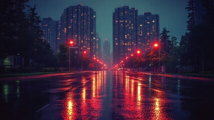 Poster - Rainy night city street, red lights reflecting on wet asphalt.