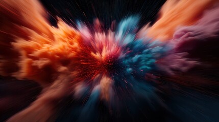Poster - Voice Sound Projection Concept, Colorful Visualization of Exploding Particles in Motion with Dynamic Effects and Vibrant Color Palette