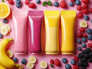 Wall Mural - Four colorful smoothie tubes arranged on a pink background, surrounded by fresh fruits like bananas, berries, and citrus, creating a vibrant and healthy display.