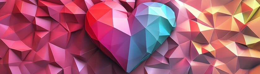Poster - A vibrant, abstract heart shape crafted with geometric facets, radiating colors in a stunning polyhedral design.