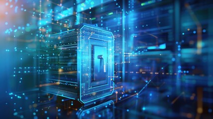 Poster - Cyber security concept and digital data protection with a locker in a blue background created with a generative ai technology 