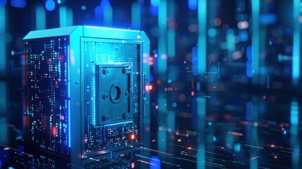 Poster - Cyber security concept and digital data protection with a locker in a blue background created with a generative ai technology 