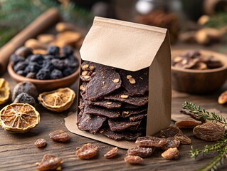 Wall Mural - A rustic display of healthy snacks in a paper bag, featuring dried fruits, nuts, and colorful berries, perfect for a wholesome treat.