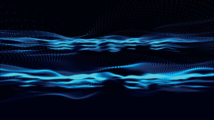 Poster - Futuristic point wave of particles. Visualization of sound waves. Dark background. Technology or science banner. Abstract digital 3D wave. Vector illustration.