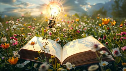 Wall Mural - illuminated ideas: a book in a flower field with a glowing lightbulb