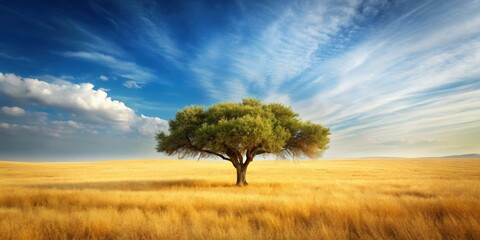 Wall Mural - Landscape painting of an olive tree and vast dry grassland, olive tree, landscape, painting, art, nature, beauty, scenery