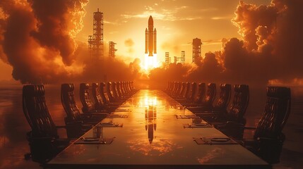 Poster - futuristic boardroom with panoramic view of rocket launch into space sunlit reflection on glass tabl