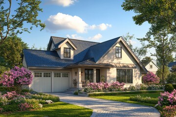 Wall Mural - Charming suburban house beige exterior gray roof attached garage blooming pink flowers