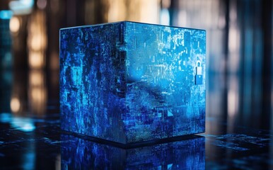 Poster - Abstract blue cube with intricate patterns glowing in a dark environment, symbolizing data security, technology, and digital encryption concepts for stock imagery.