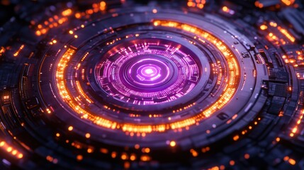 Poster - Glowing circuitry with vibrant purple and orange lights illustrates advanced technology design