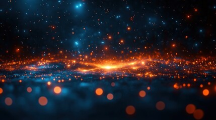 Poster - A cosmic scene with glowing orange and blue lights amidst dark space creates a magical effect