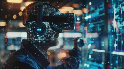 Poster - Developer wearing VR smart goggles working with artificial intelligence neural networks. IT expert using virtual reality tech and AI systems in futuristic workspace,